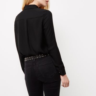 Black swallow embroidered mesh collar shirt